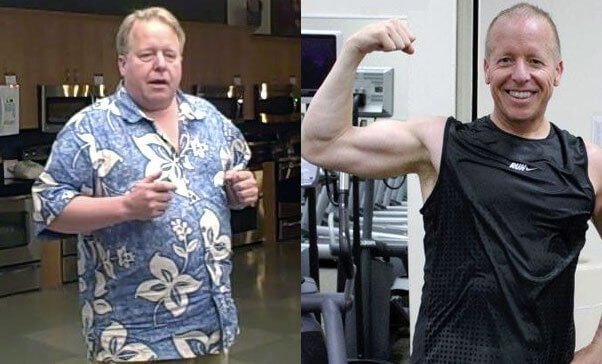 A picture of Eric before (left) and after (right) going vegan.